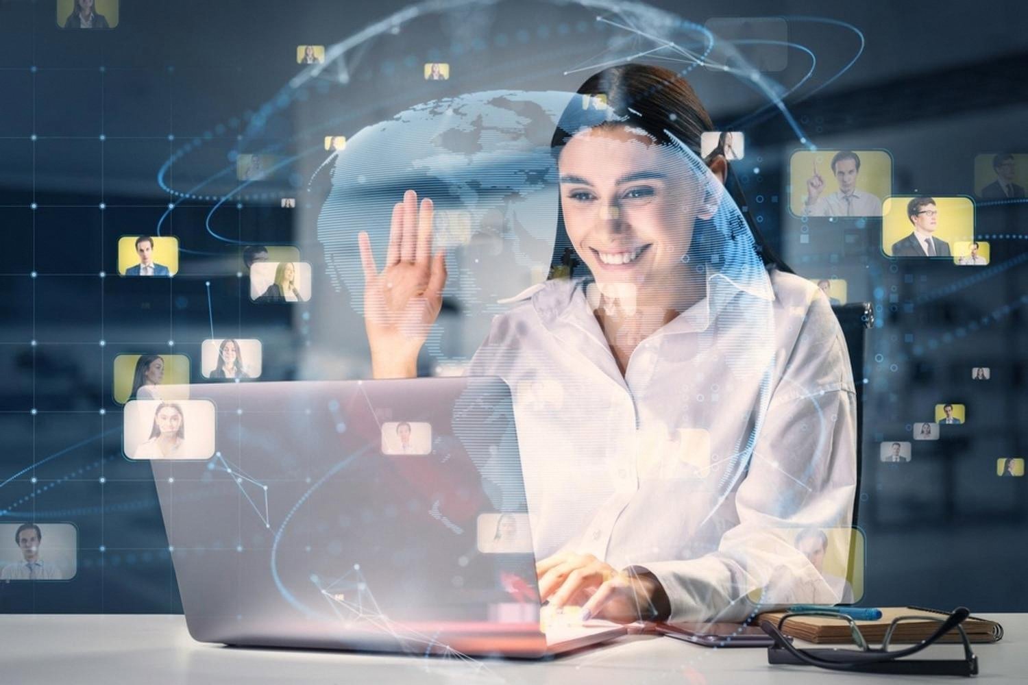 Female HR specialist connecting with a global talent pool through a laptop and digital interface